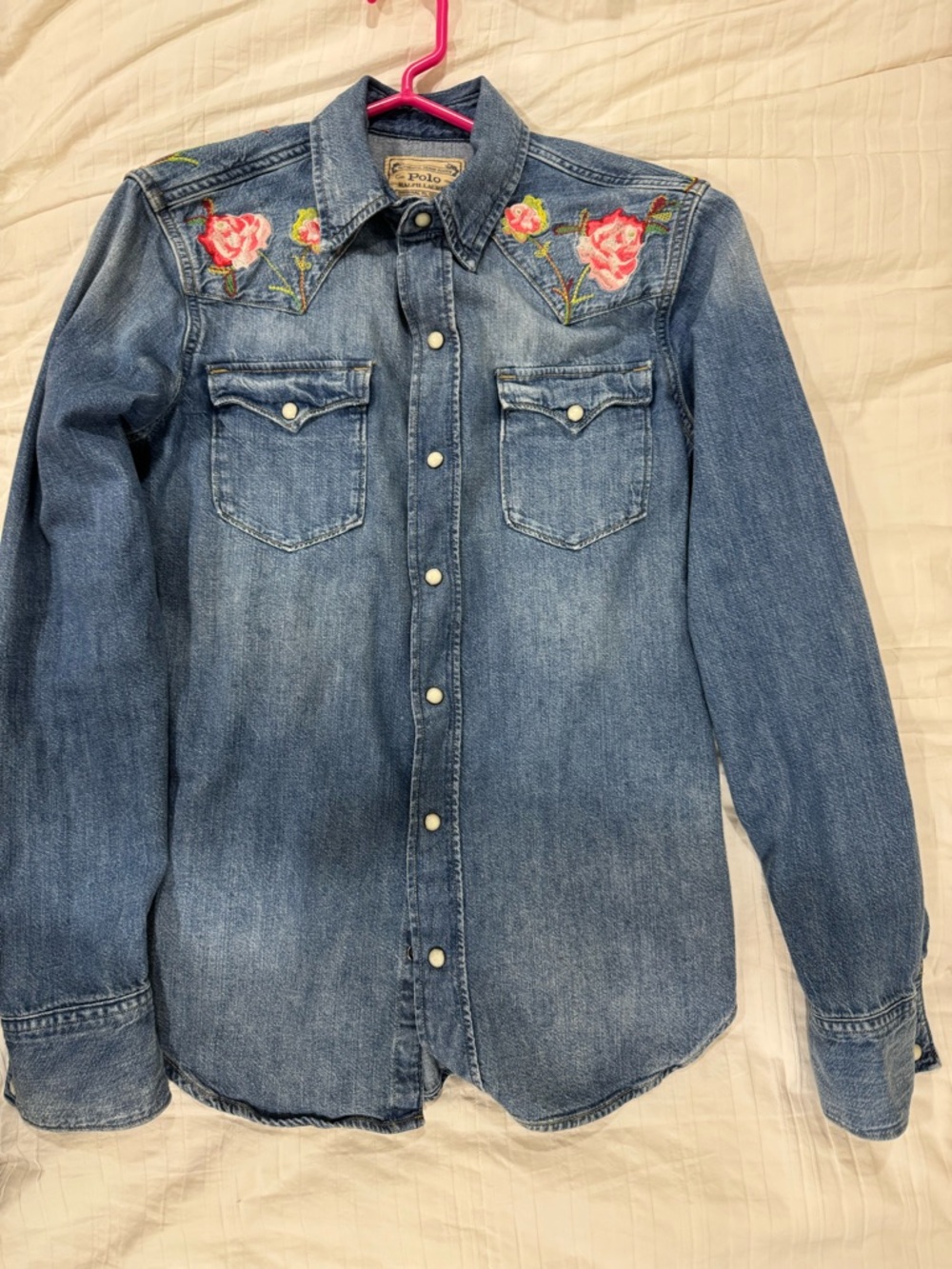 Ralph Lauren Denim Western Shirt with Pink Rose Embroidery